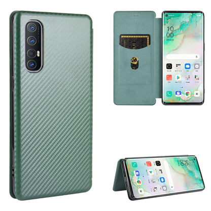 Green carbon-fiber textured magnetic flip phone case with card slot; phone shown front and stand
