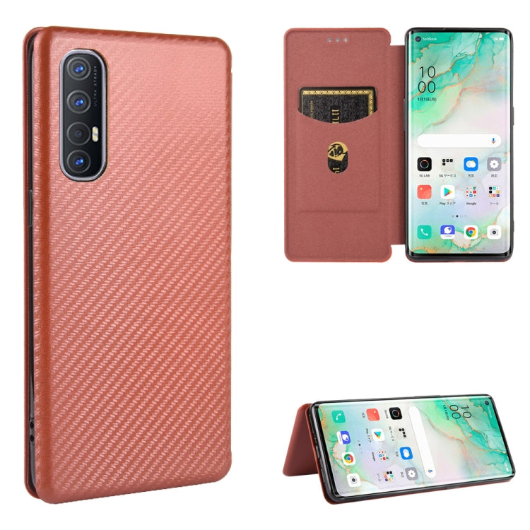 Brown carbon-fiber textured magnetic flip phone case with card slot; phone shown back and stand