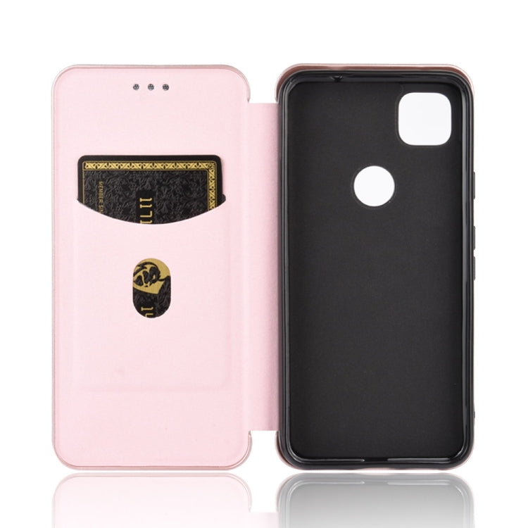 Magnetic flip phone case with card slot, carbon-fiber texture, pink