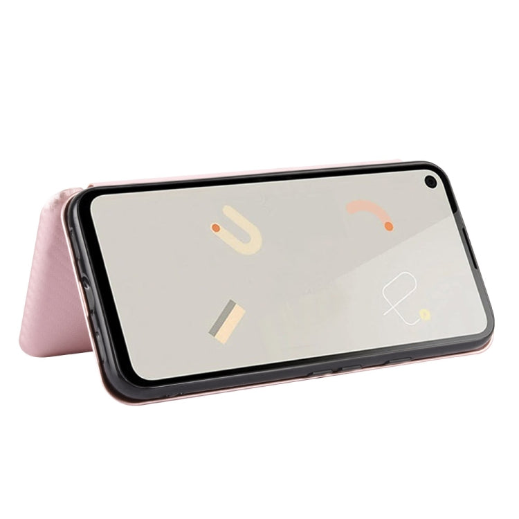 Magnetic flip phone case, carbon-fiber texture, pink stand mode