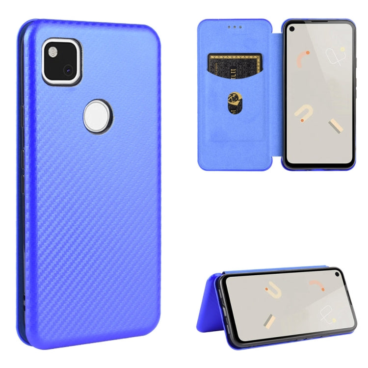 Magnetic flip phone case with carbon-fiber texture, card slot, and stand, blue