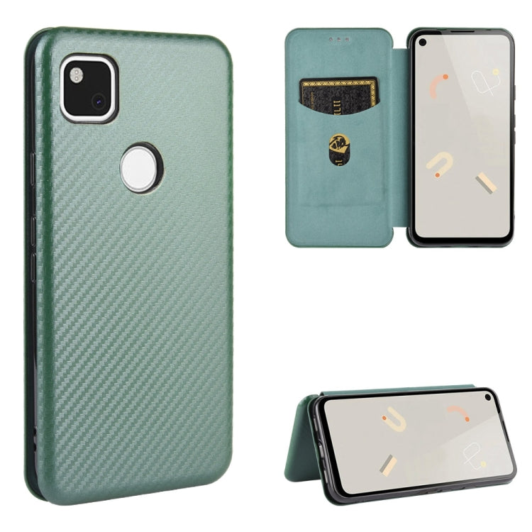 Magnetic flip phone case with carbon-fiber texture, card slot, and stand, green