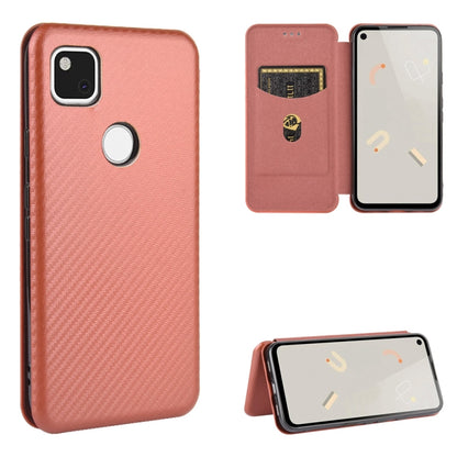 Magnetic flip phone case with card slot, carbon-fiber texture, and stand; pink.