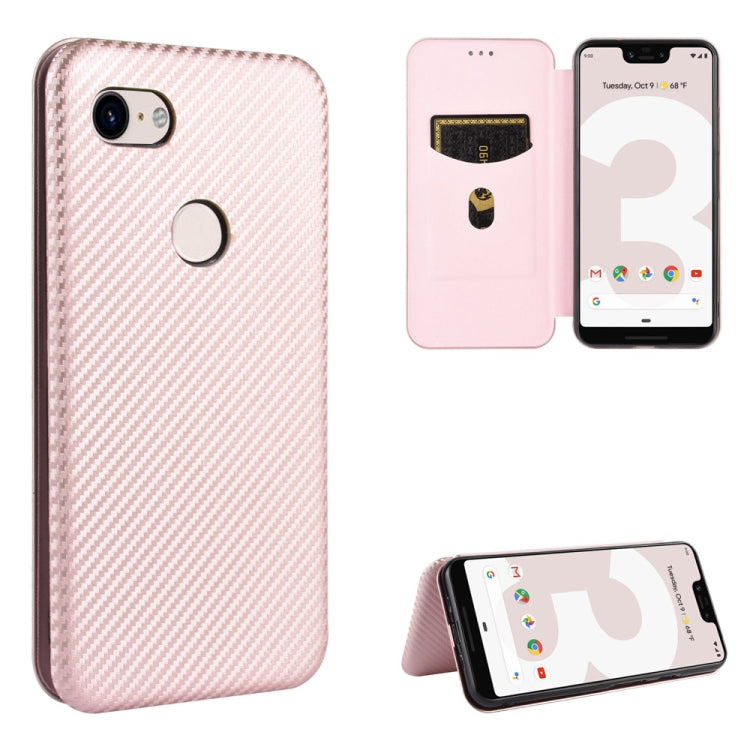 Magnetic flip phone case with card slot, carbon-fiber texture, and stand; light pink.