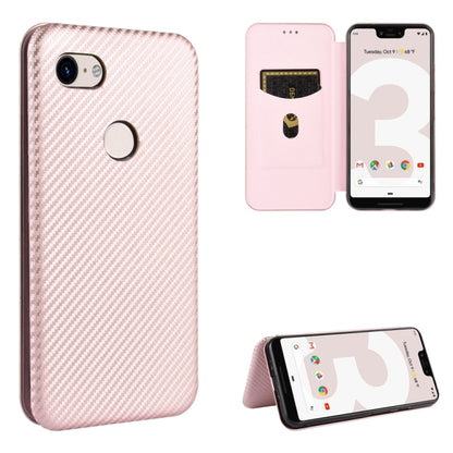 Magnetic flip phone case with card slot, carbon-fiber texture, and stand; light pink.