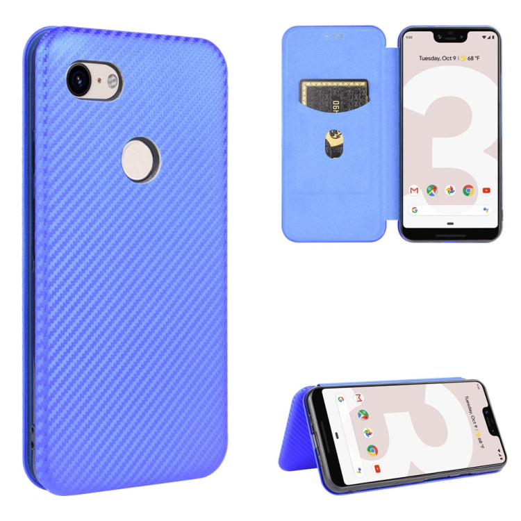 Magnetic flip phone case with card slot, carbon-fiber texture, and stand; blue.