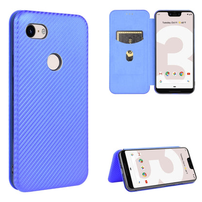 Magnetic flip phone case with card slot, carbon-fiber texture, and stand; blue.
