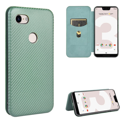 Magnetic flip phone case with card slot, carbon-fiber texture, and stand; sage green.