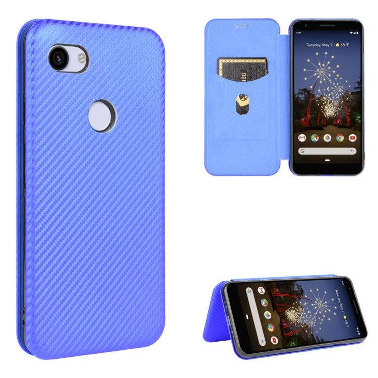 Magnetic flip phone case with card slot, carbon-fiber texture, and stand; bright blue.