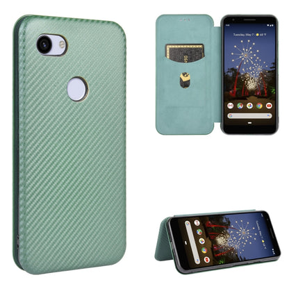 Magnetic flip phone case with card slot, carbon-fiber texture, and stand; green.