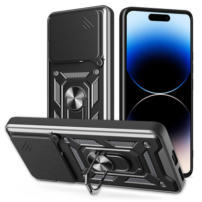 Rugged phone case with sliding camera cover, black and gray armored design