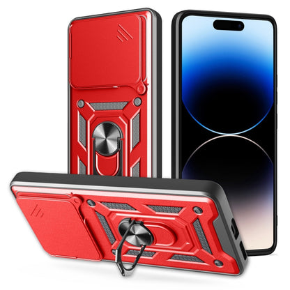 Rugged phone case with sliding camera cover, red and black armored design