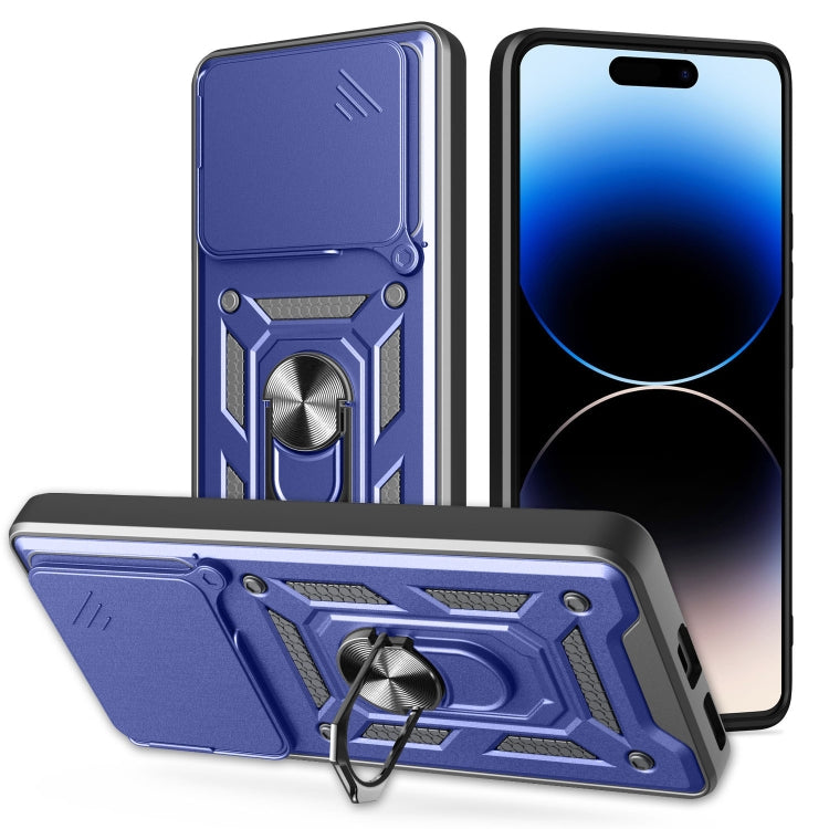 Rugged phone case with sliding camera cover, blue and black armored design