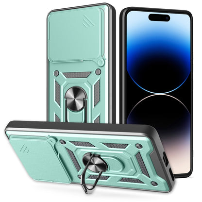 Rugged phone case with sliding camera cover, mint green and black armored design