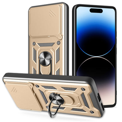 Rugged phone case with sliding camera cover, gold and black armored design