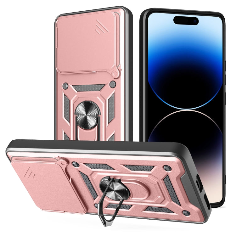 Rugged phone case with sliding camera cover, rose pink and black armored design