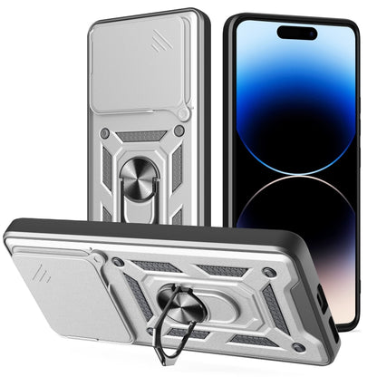 Rugged phone case with sliding camera cover, silver and black armored design