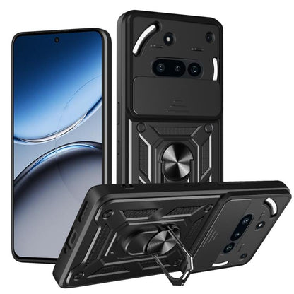 Rugged sliding camera cover TPU phone case, black with blue accent armor panels