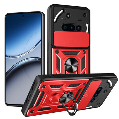 Rugged sliding camera cover TPU phone case, black with red accent armor panels