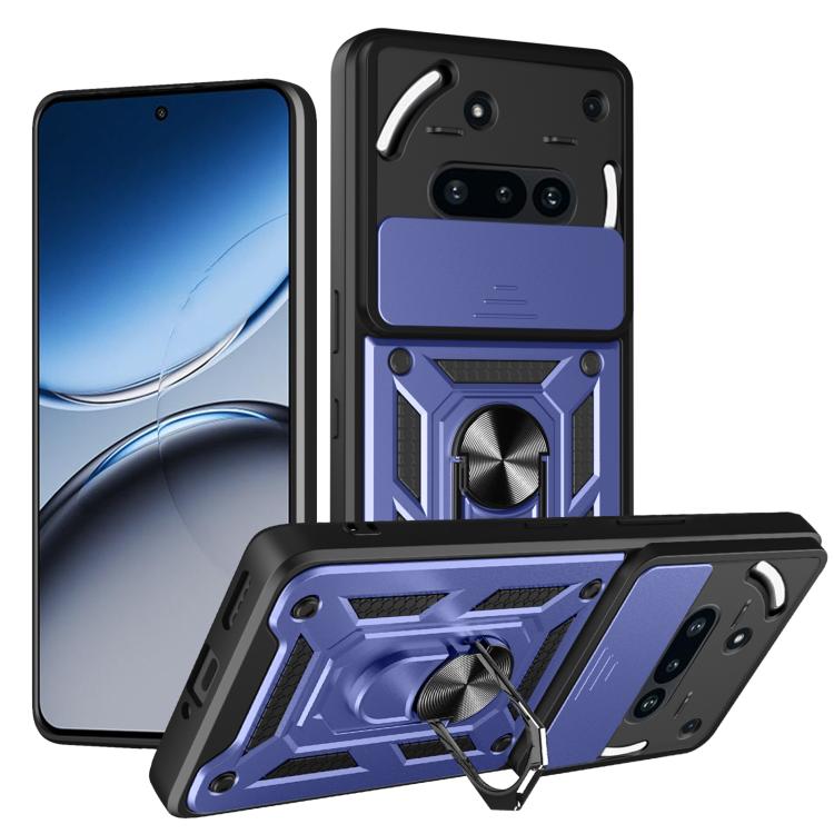 Rugged sliding camera cover TPU phone case, black with blue accent armor panels