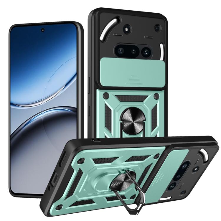Rugged sliding camera cover TPU phone case, black with green accent armor panels