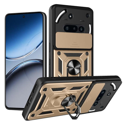 Rugged sliding camera cover TPU phone case, black with gold accent armor panels