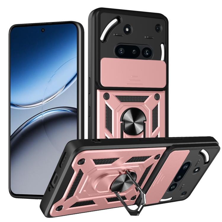 Rugged sliding camera cover TPU phone case, black with rose pink accent armor panels