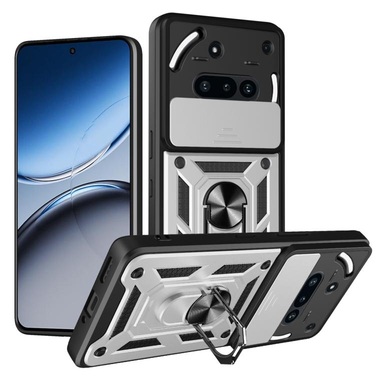 Rugged sliding camera cover TPU phone case, black with light silver accent armor