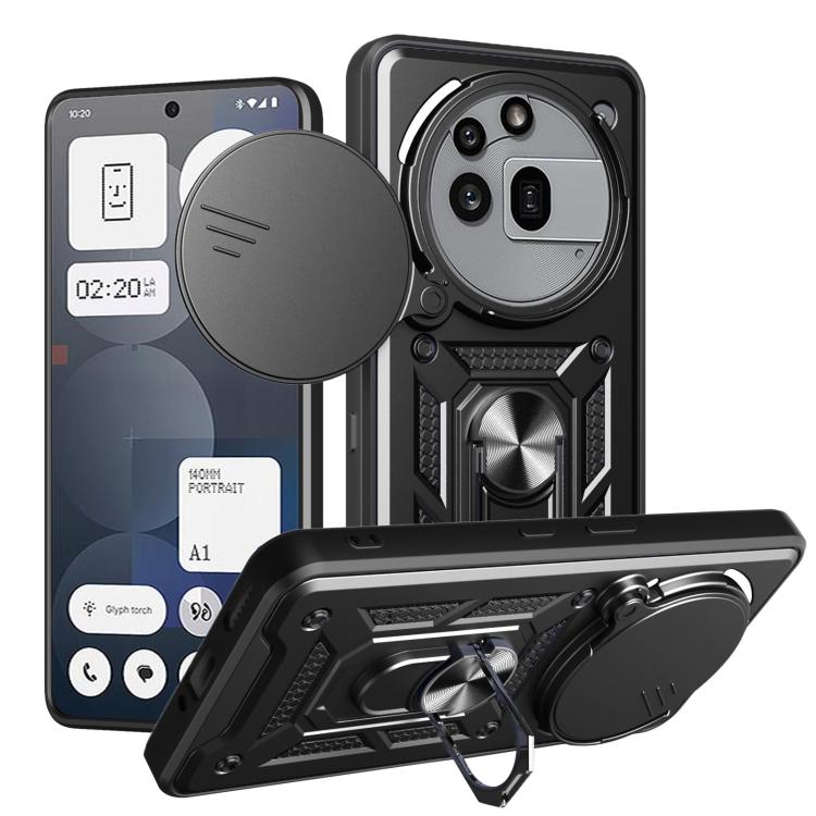 Rugged sliding camera cover TPU phone case, dark gray with rotating ring kickstand
