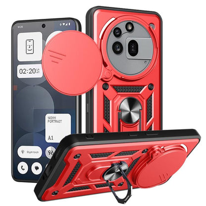 Red rugged phone case with sliding camera cover and kickstand, TPU+PC protection