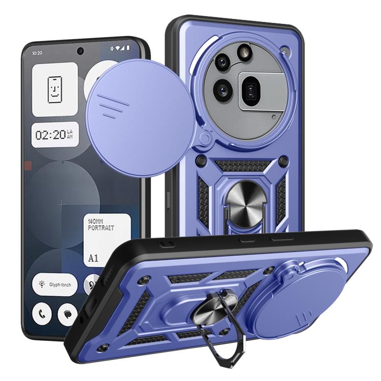 Blue rugged phone case with sliding camera cover and kickstand, TPU+PC protection