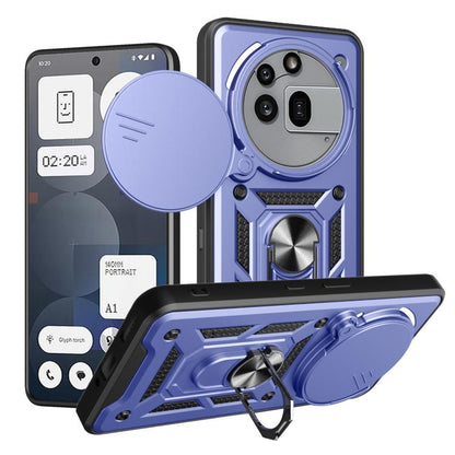 Blue rugged phone case with sliding camera cover and kickstand, TPU+PC protection