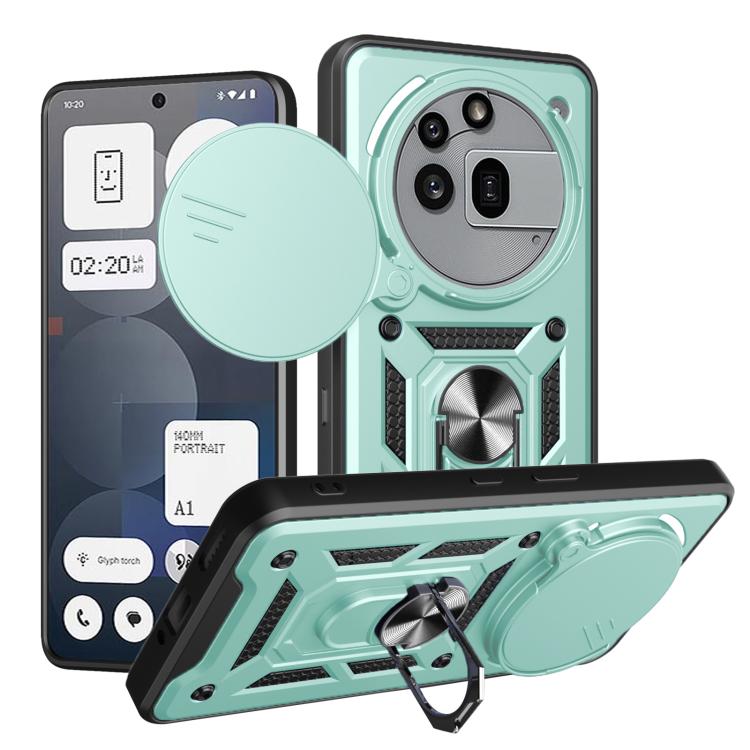 Mint green rugged phone case with sliding camera cover and kickstand, TPU+PC protection