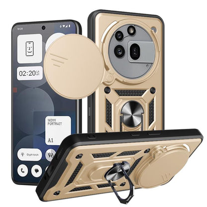 Gold rugged phone case with sliding camera cover and kickstand, TPU+PC protection