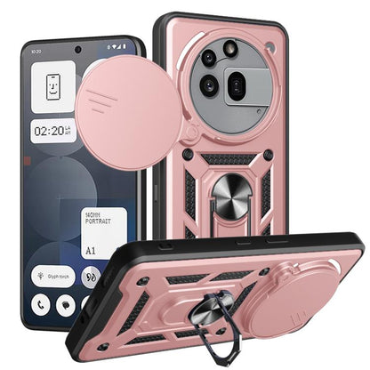 Rose pink rugged phone case with sliding camera cover and kickstand, TPU+PC protection