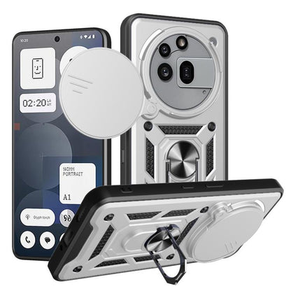 White rugged phone case with sliding camera cover and kickstand, TPU+PC protection