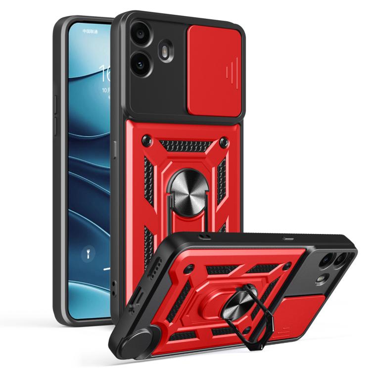Black and red rugged phone case with sliding camera cover and kickstand, TPU+PC