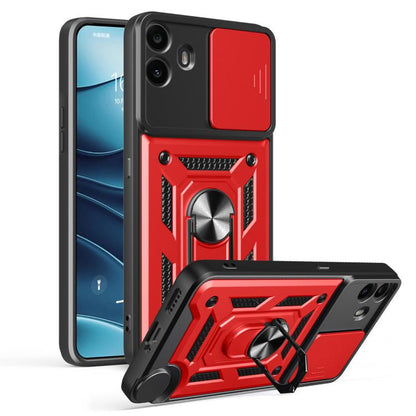 Black and red rugged phone case with sliding camera cover and kickstand, TPU+PC