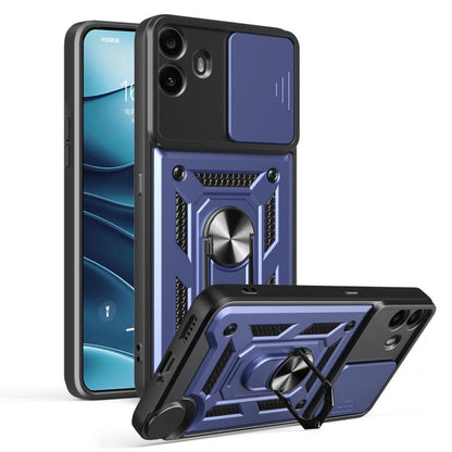 Black and blue rugged phone case with sliding camera cover and kickstand, TPU+PC