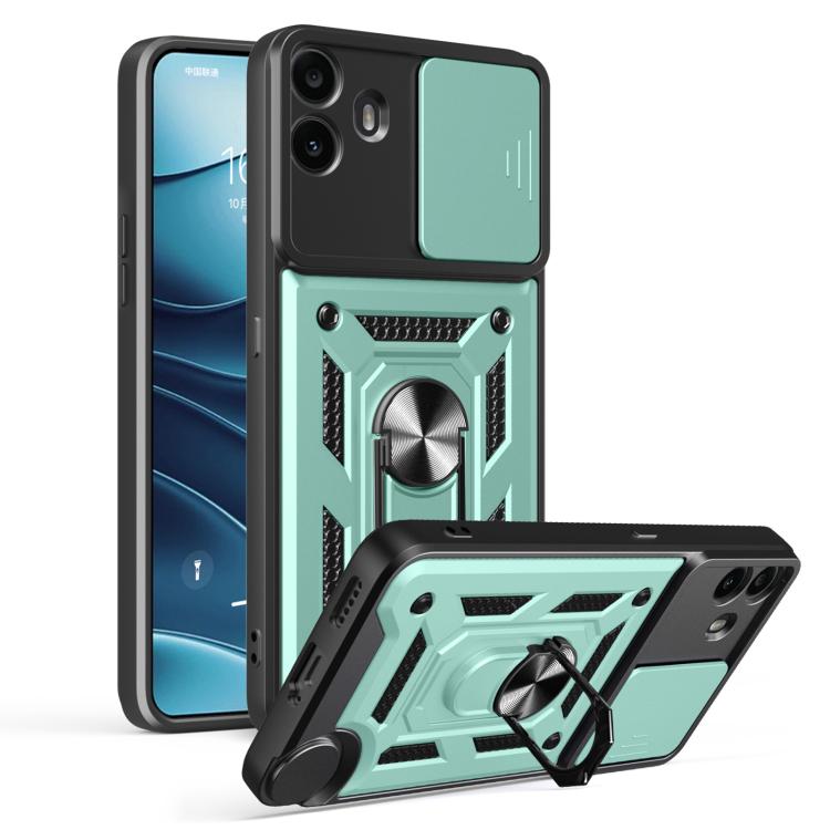 Black and mint green rugged phone case with sliding camera cover and kickstand, TPU+PC