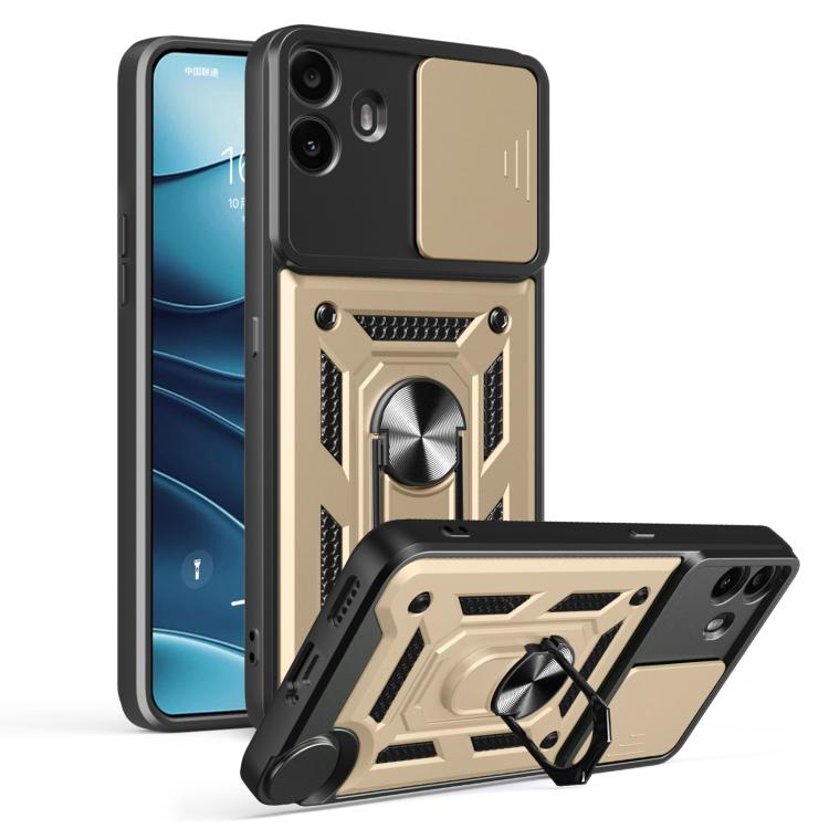 Black and gold rugged phone case with sliding camera cover and kickstand, TPU+PC