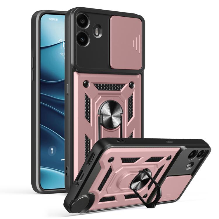 Rugged phone case with sliding camera cover, pink and black armored design