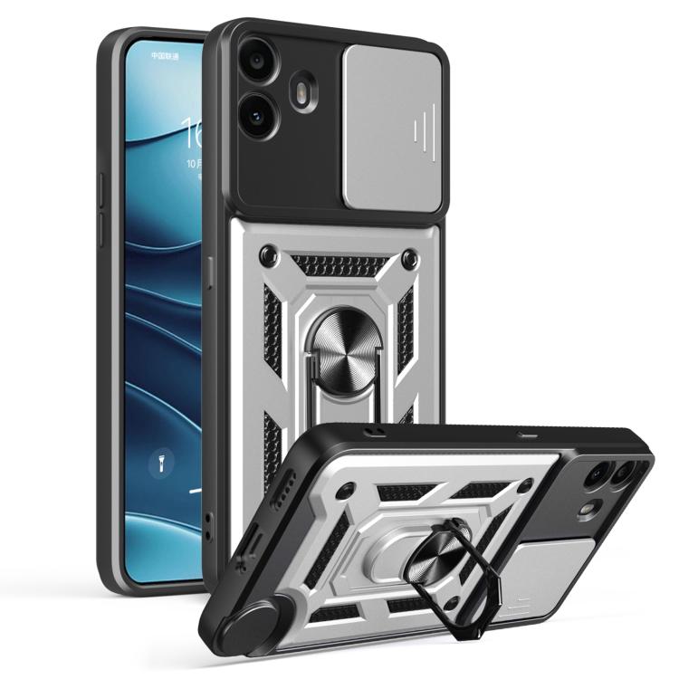 Rugged phone case with sliding camera cover, black and silver armored design