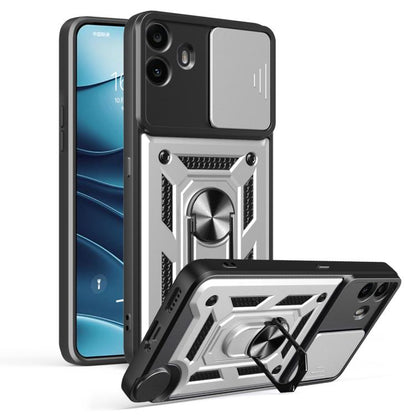 Rugged phone case with sliding camera cover, black and silver armored design