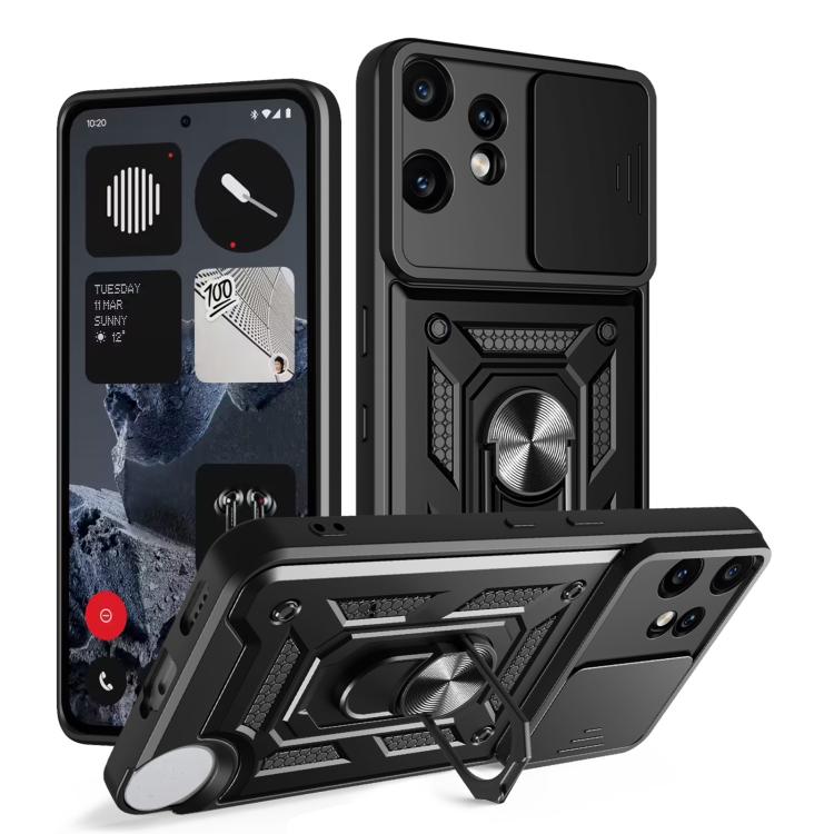 Sliding camera cover phone case with rugged black TPU+PC shell and ring grip