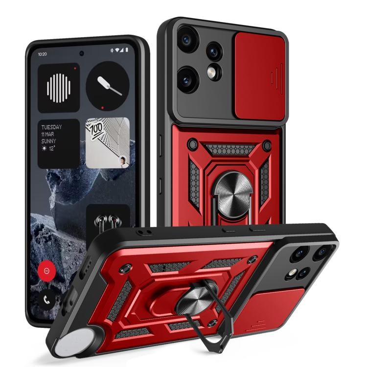 Sliding camera cover phone case with rugged red TPU+PC shell and ring grip