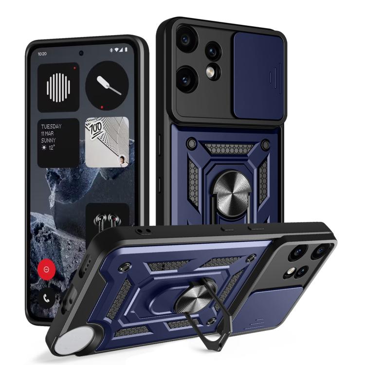 Sliding camera cover phone case with rugged dark blue TPU+PC shell and ring grip