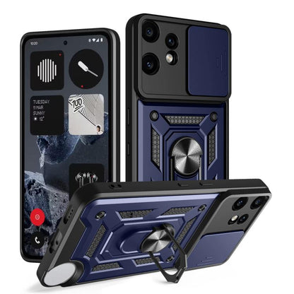 Sliding camera cover phone case with rugged dark blue TPU+PC shell and ring grip