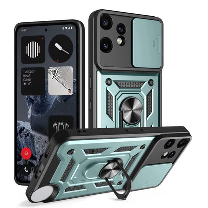 Sliding camera cover phone case with rugged light teal TPU+PC shell and ring grip