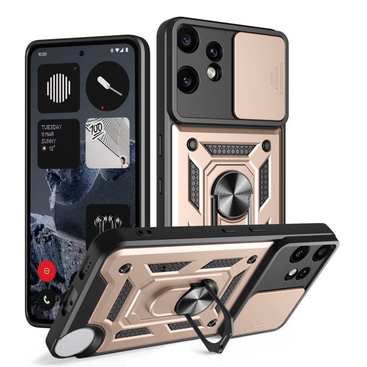 Sliding camera cover phone case with rugged rose gold TPU+PC shell and ring grip